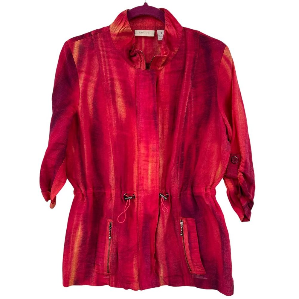 Chicos Womens Red & Pink Artsy Colorful Zip 3/4 Slv Cinch Jacket Size 1 Medium